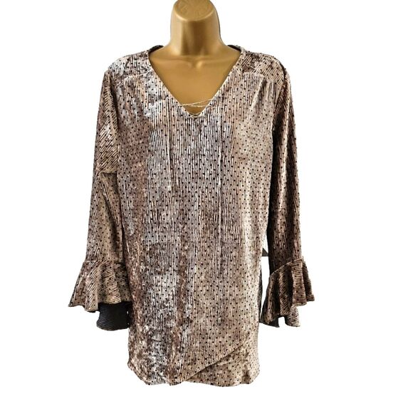 Tan Black Dot Velvet Tunic Womens S Bell Sleeve Cocktail Pleats Crystals Stretch - Picture 10 of 10